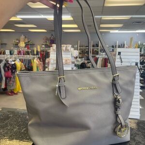 Michael Kors Gray Saffiano Leather Tote with Gold Accent